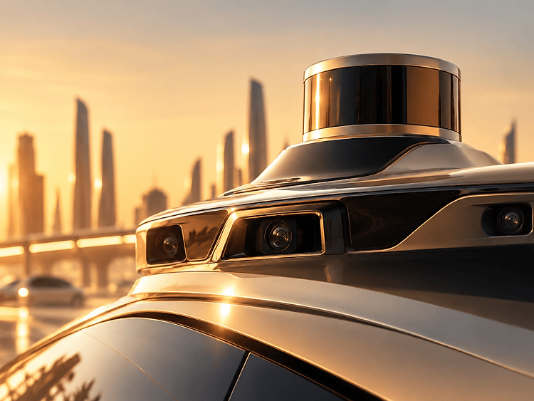 Autonomous vehicle LiDAR sensor array at golden hour over a city skyline