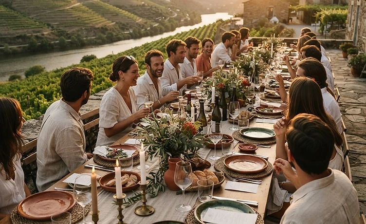 Mesa de evento ao pôr do sol no Douro