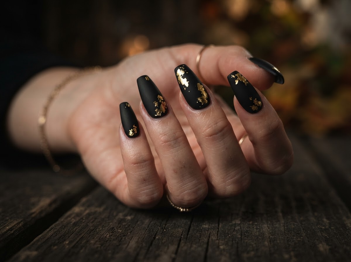 Matte black coffin nails with gold foil accents September 2026