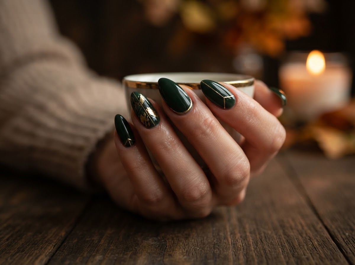 Dark forest green nails with gold accents September 2026