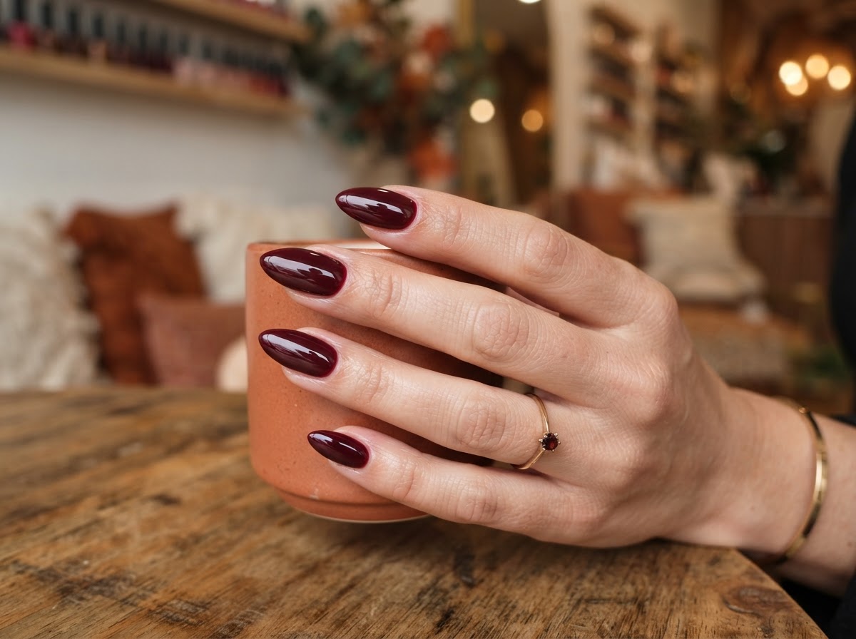 Deep burgundy almond shaped nails September 2026