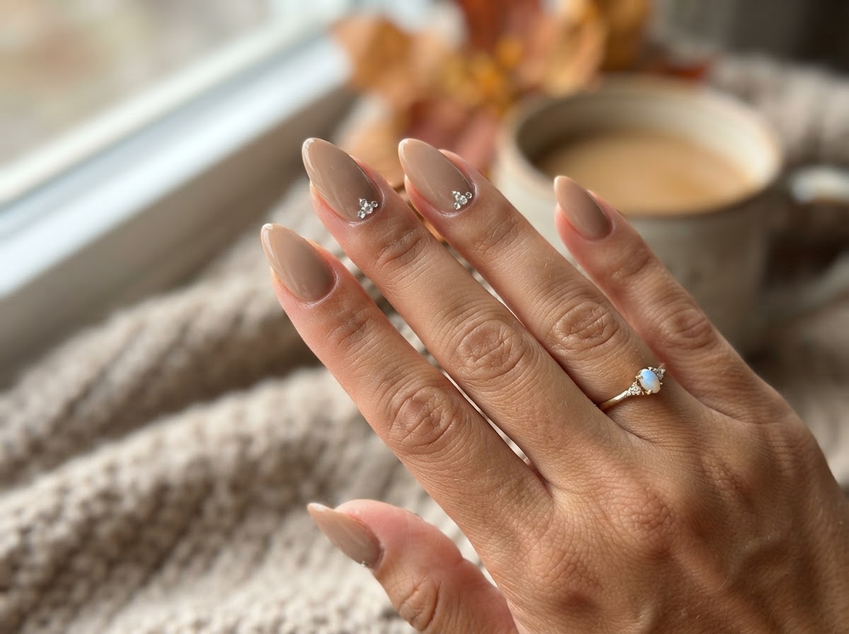 Warm beige nails with rhinestones September 2026