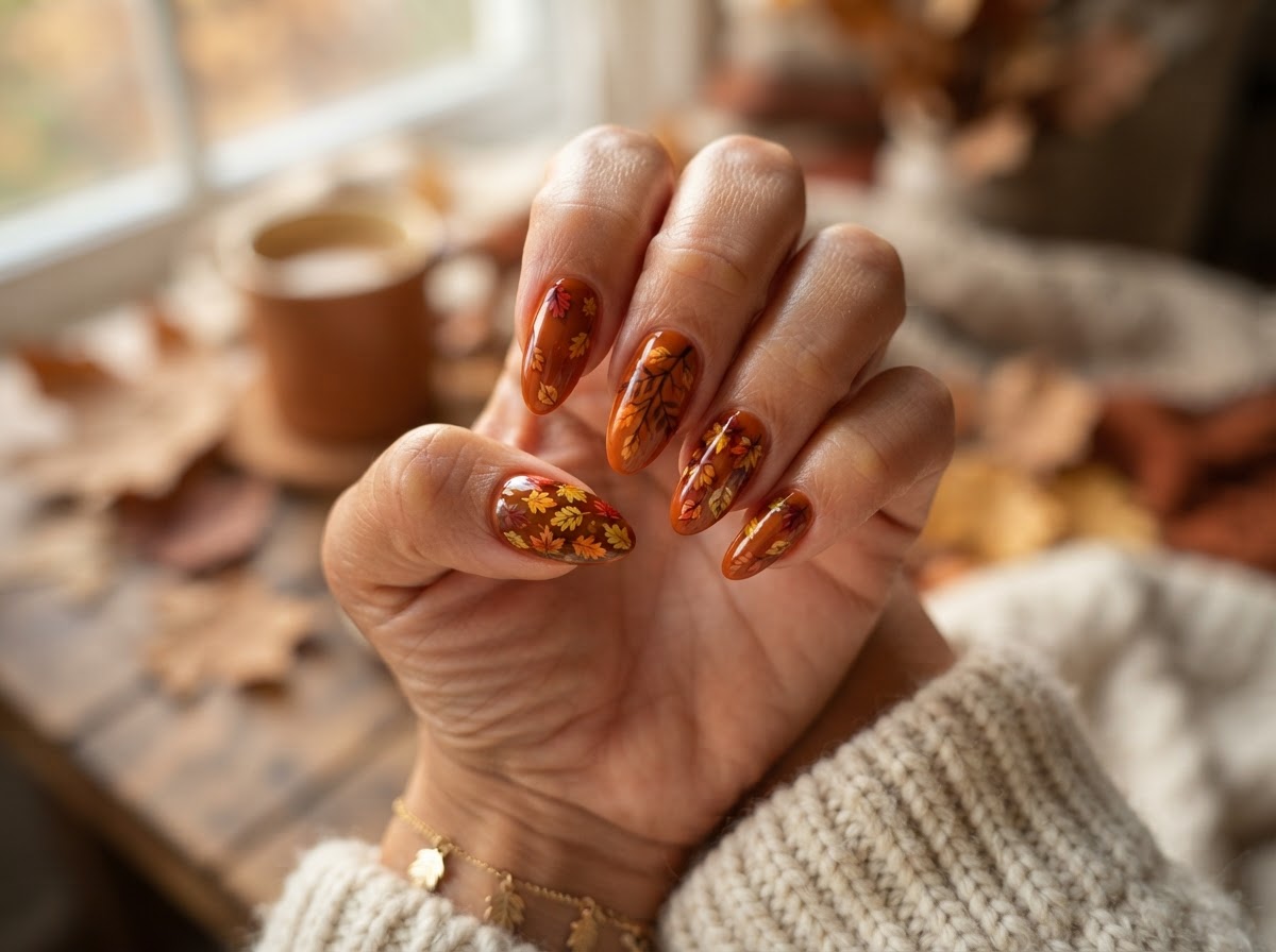 Burnt orange nails with fall leaves design September 2026