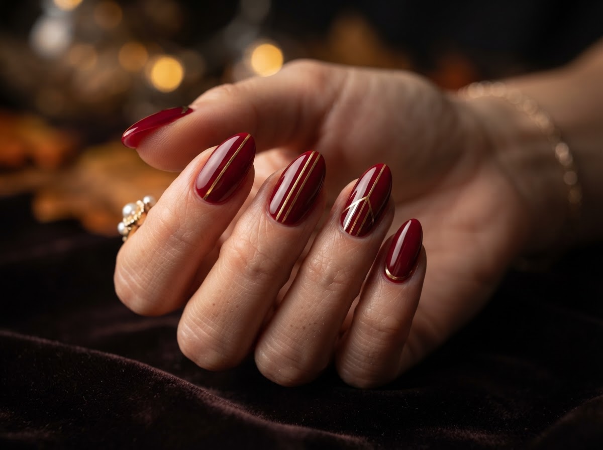 Dark red nails with gold stripes September 2026