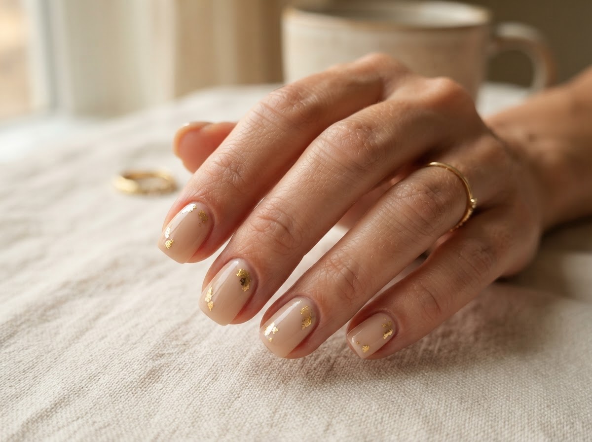 Nude beige nails with gold leaf details September 2026