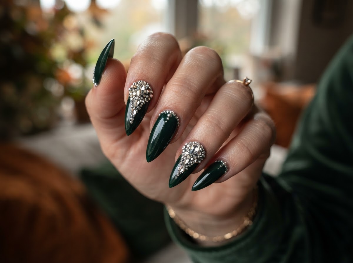 Dark forest green nails with crystals September 2026