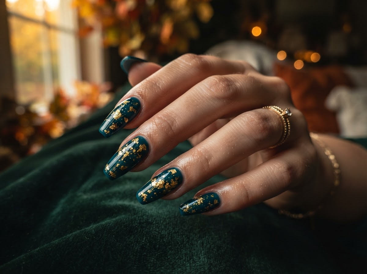 Deep teal nails with gold flakes September 2026