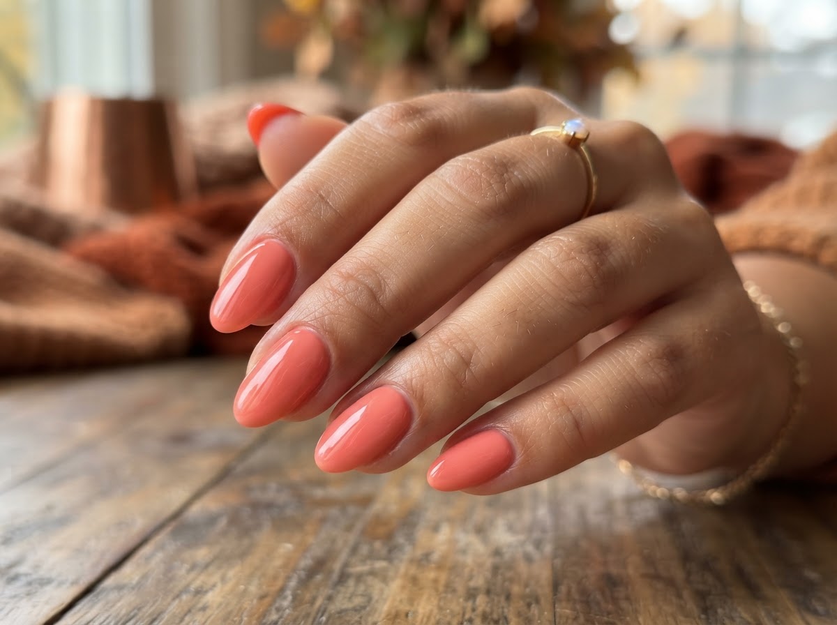 Warm coral transitional nails September 2026