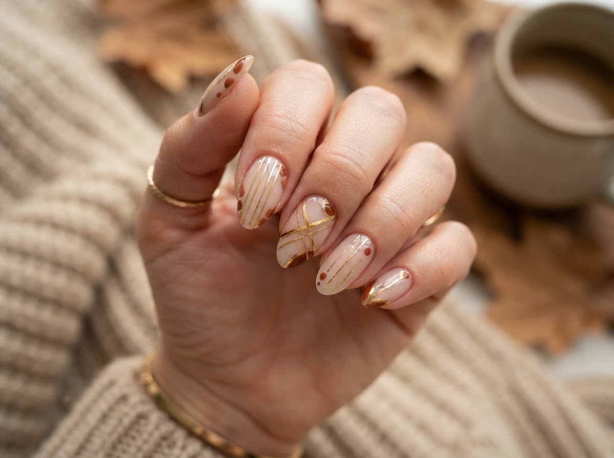 Gold and brown negative space nail design September 2026