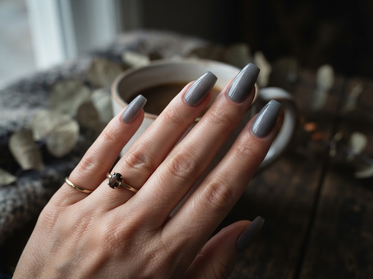 Smoky gray nails with shimmer September 2026
