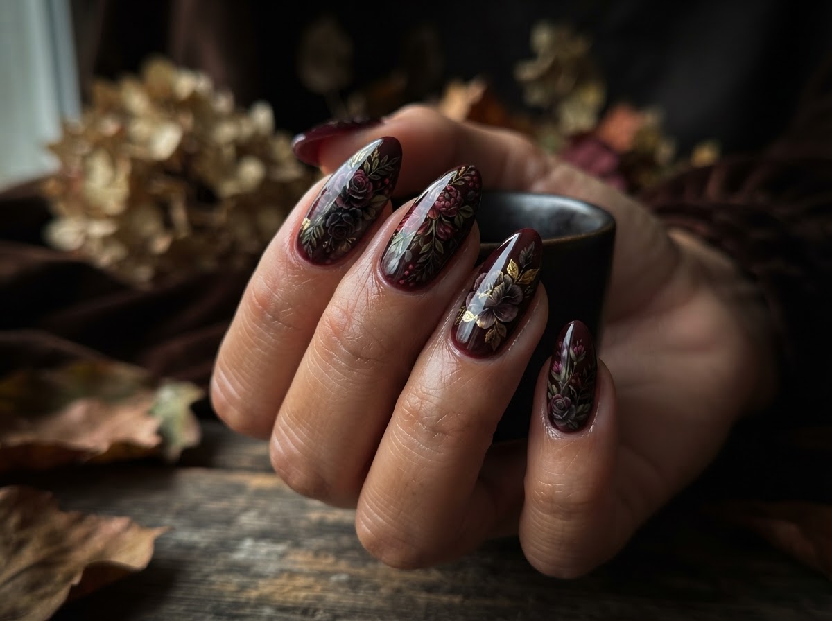 Moody dark floral nail design September 2026