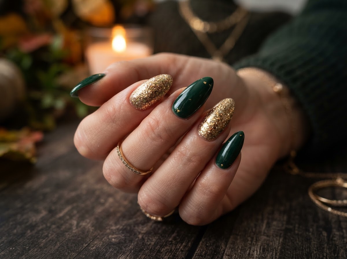Forest green nails with gold glitter September 2026