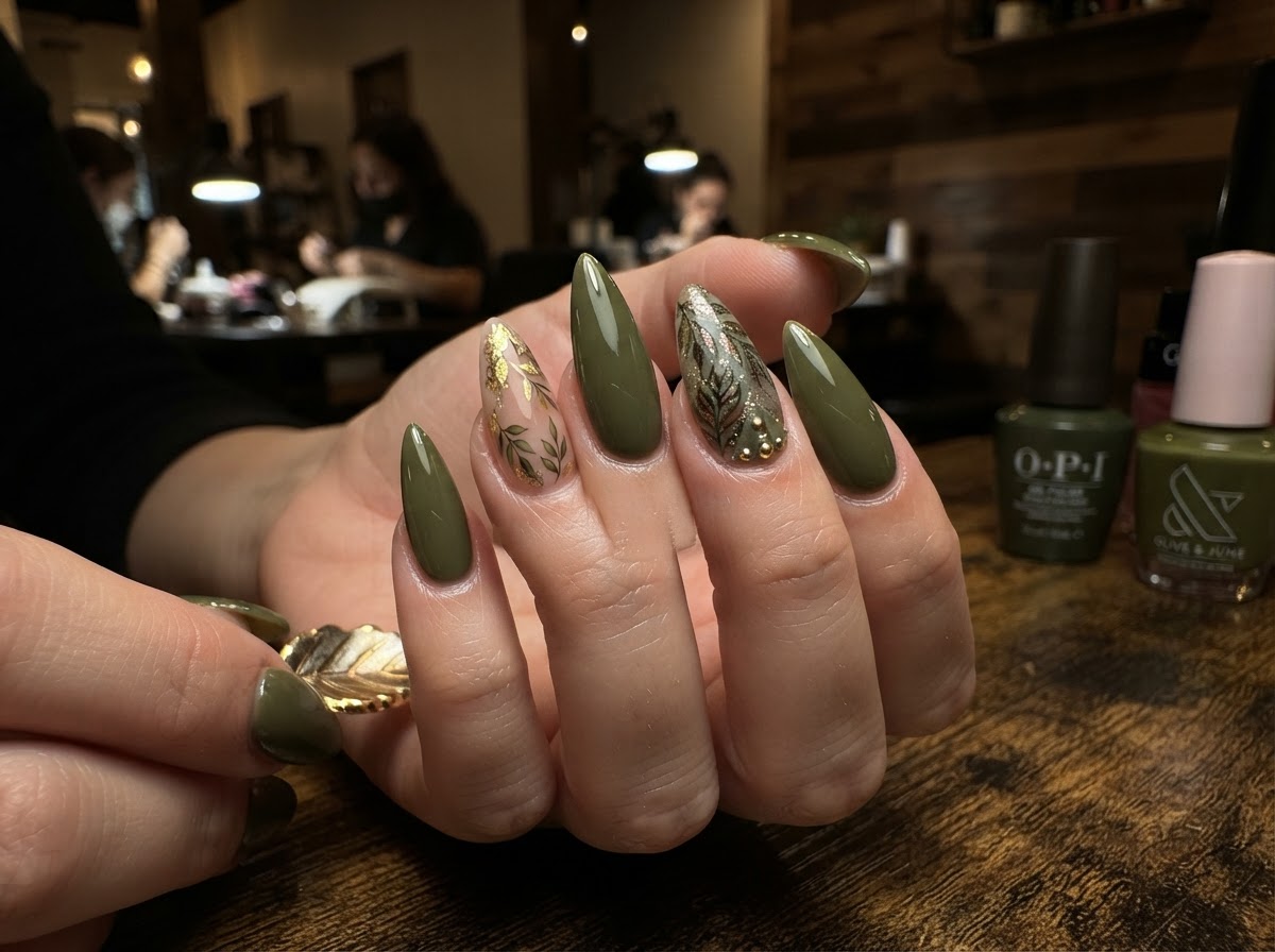 Olive green stiletto nails September 2026