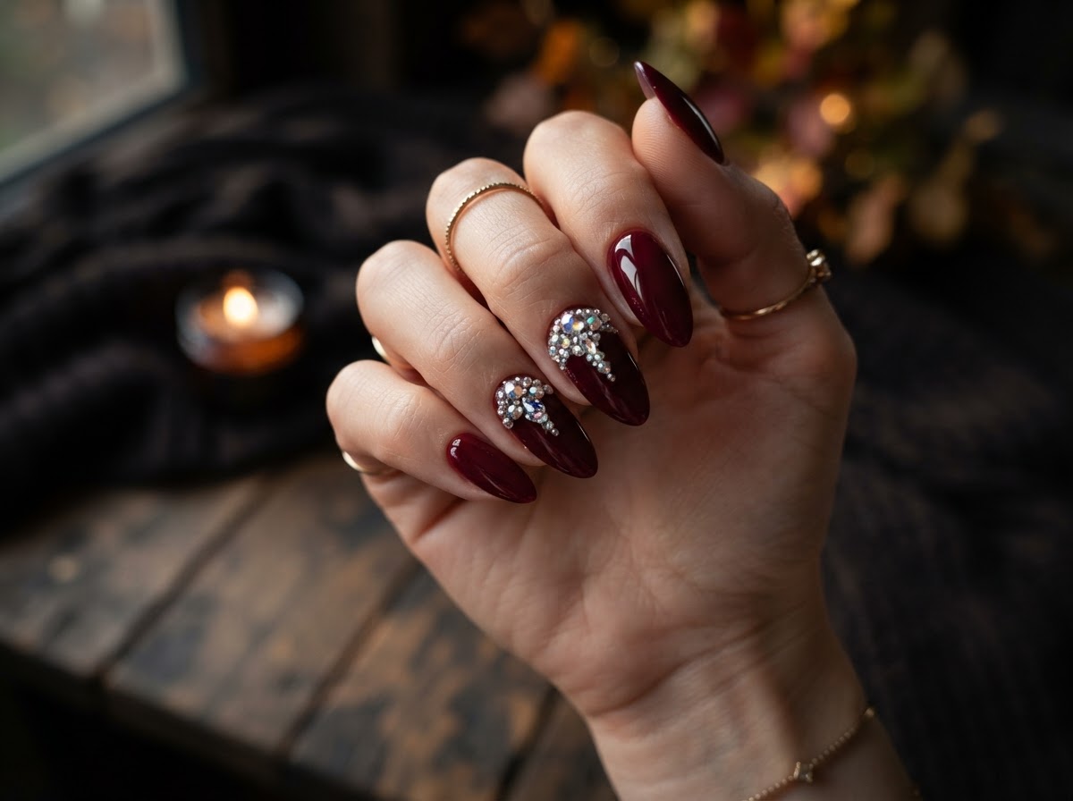Burgundy nails with rhinestones September 2026