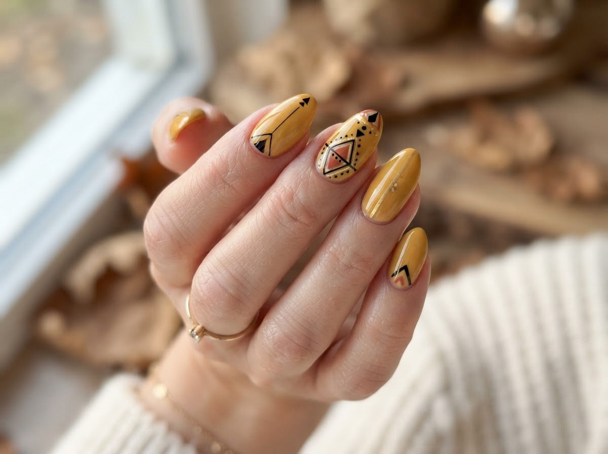 Mustard yellow geometric nail art September 2026