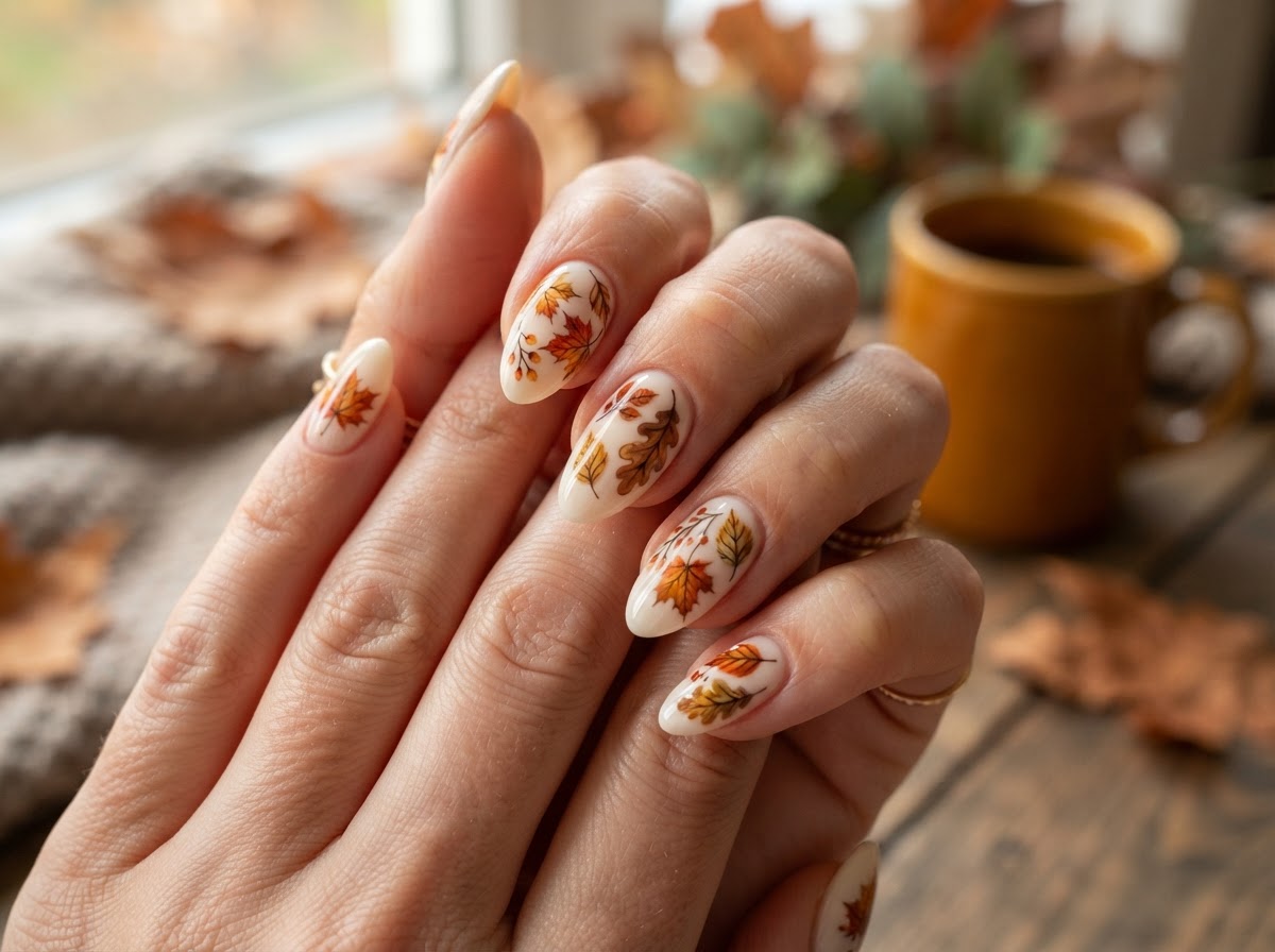 Cream nails with autumn leaves design September 2026