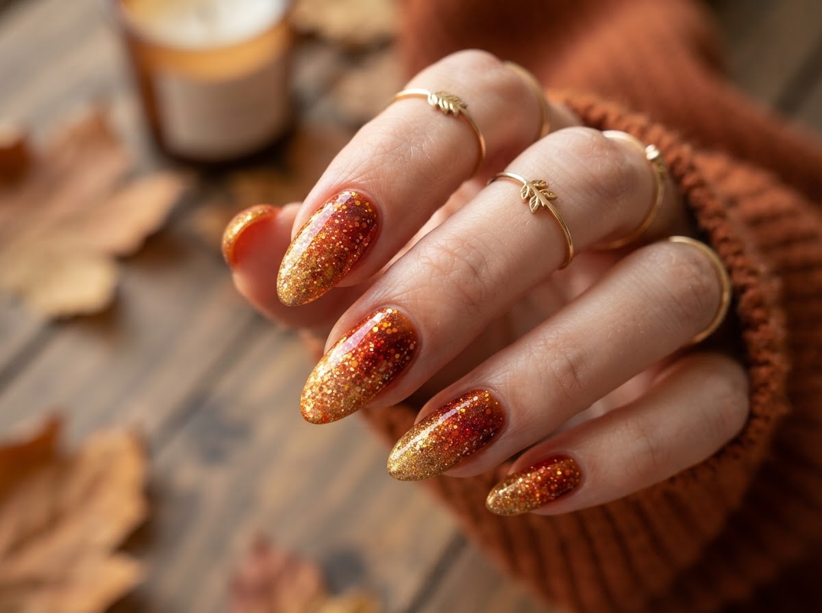 Fall gradient nails with glitter September 2026
