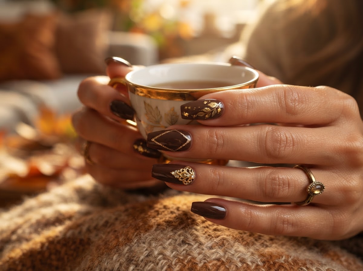 Dark chocolate nails with gold accents September 2026