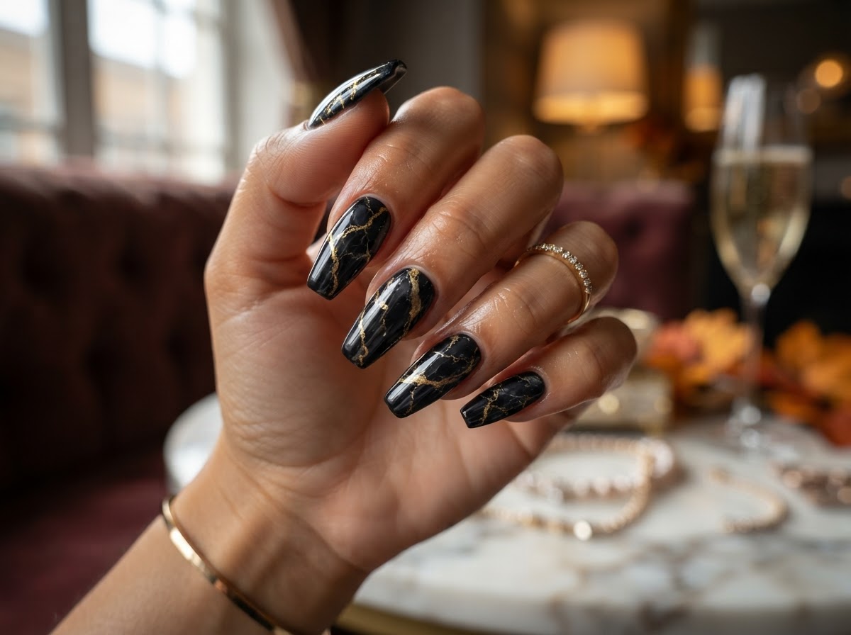 Black and gold marble nail design September 2026