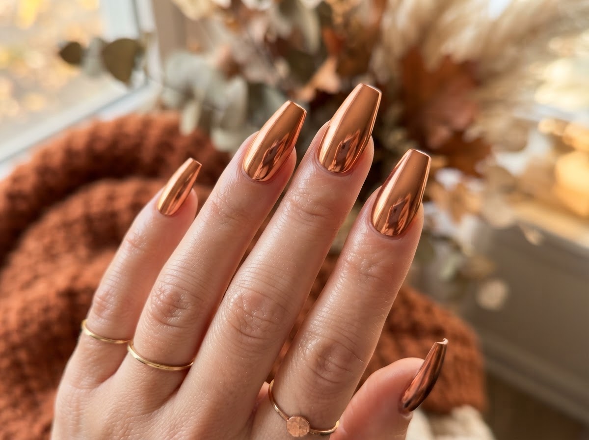 Copper metallic chrome nails September 2026