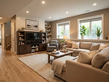 A warm, inviting finished basement living room with recessed lighting, engineered wood flooring, and a family seating area