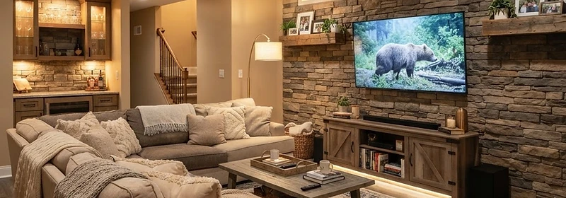 A professionally finished basement living room with warm lighting and modern furnishings in Liberty, MO