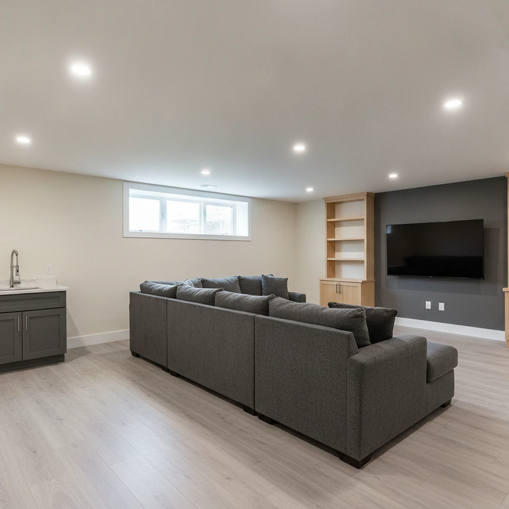A finished basement living room in a Liberty, MO home with warm lighting and modern furnishings.