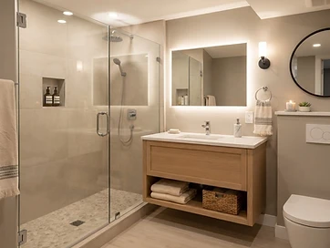 A modern lower-level basement bathroom with a tile shower, vanity, and waterproof wall finishes