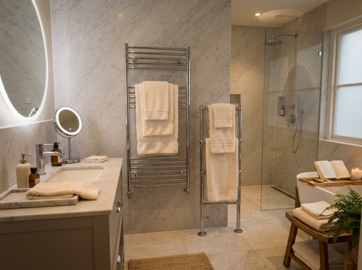 Heated towel warmer with warm folded towels on marble walls