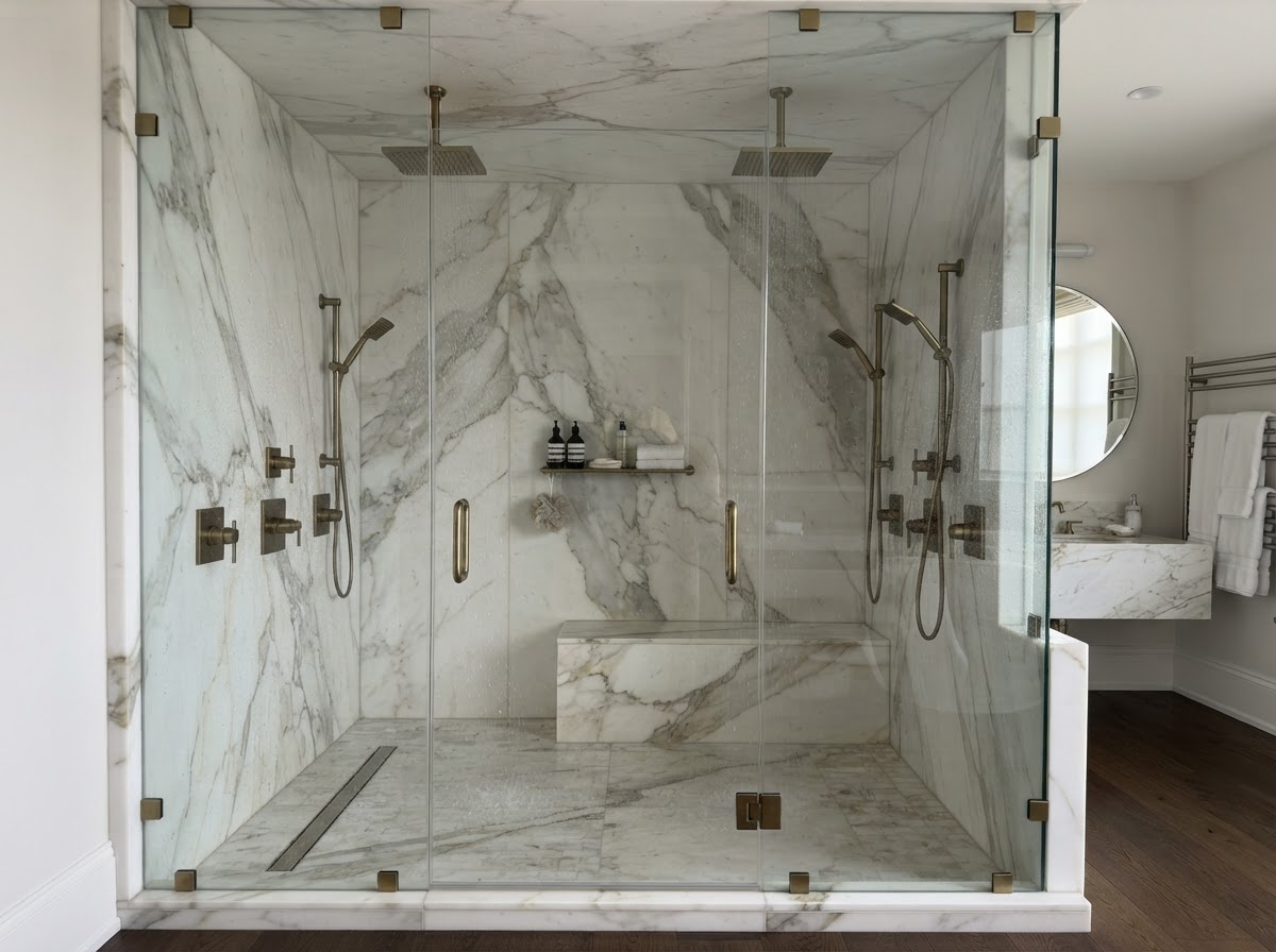 Dual shower heads with two rain fixtures on marble walls
