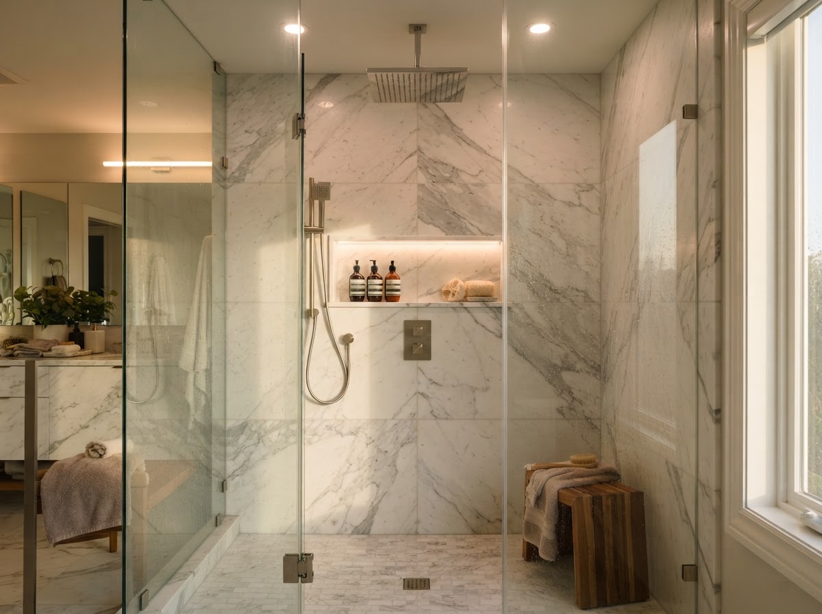 Walk-in rain shower with marble tile and glass enclosure