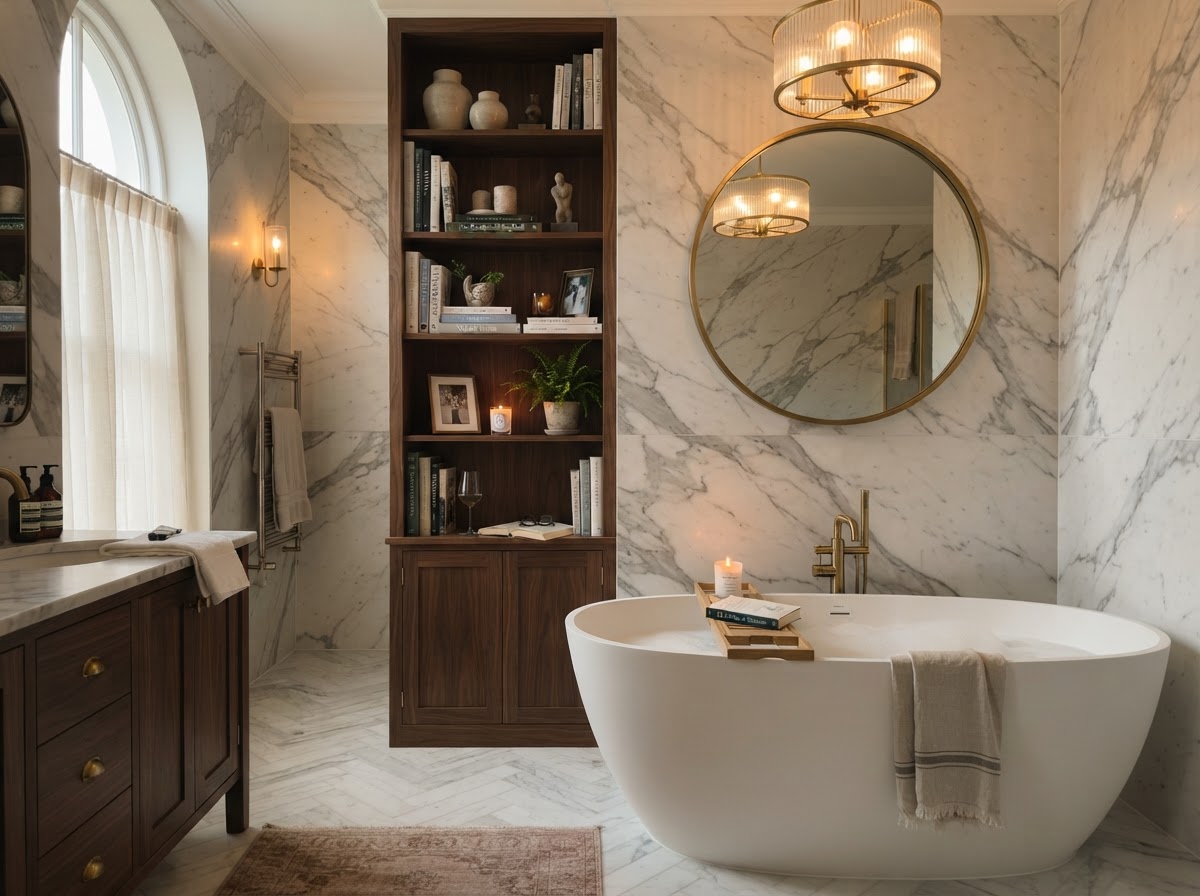 Built-in bookshelf beside freestanding tub with books and decor