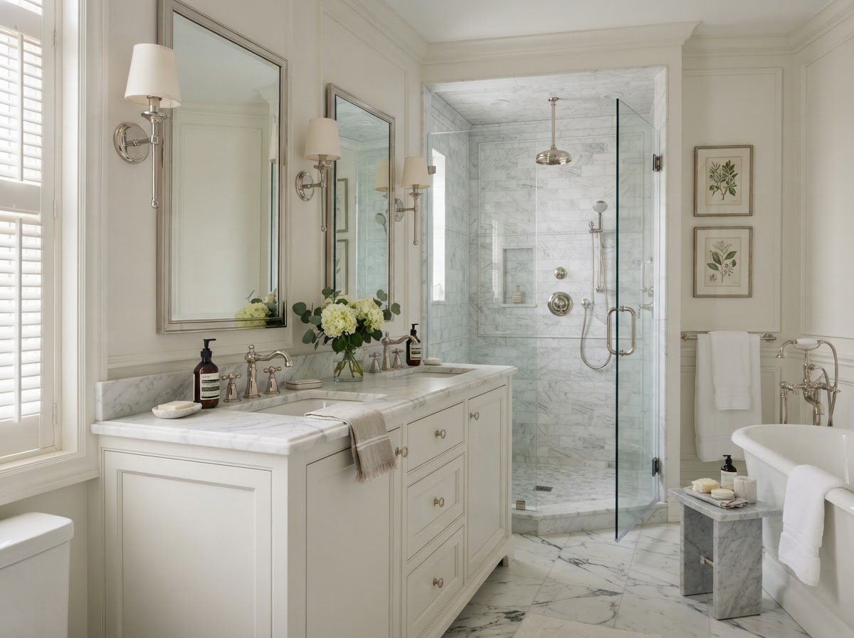 Polished nickel fixtures with soft warm shine on white marble