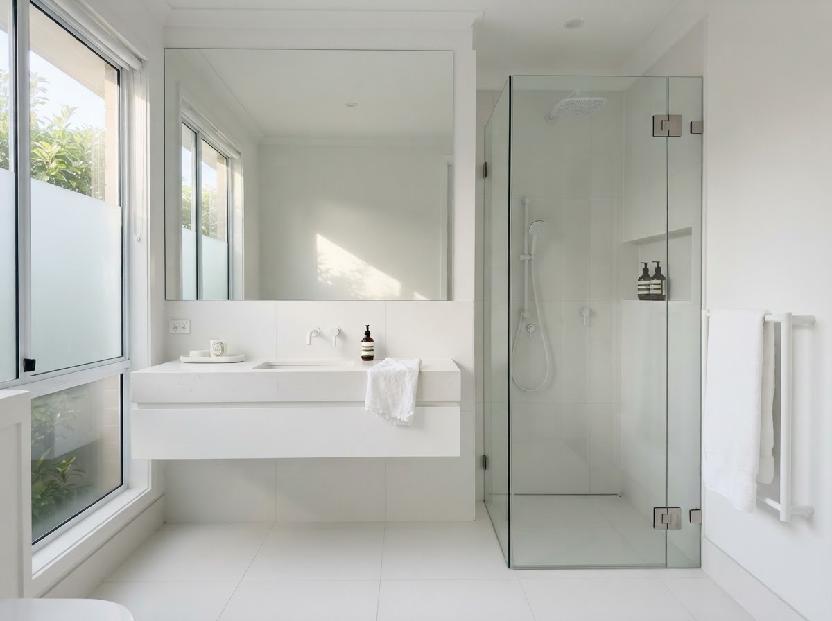 Minimalist white bathroom with floating vanity and frameless mirror