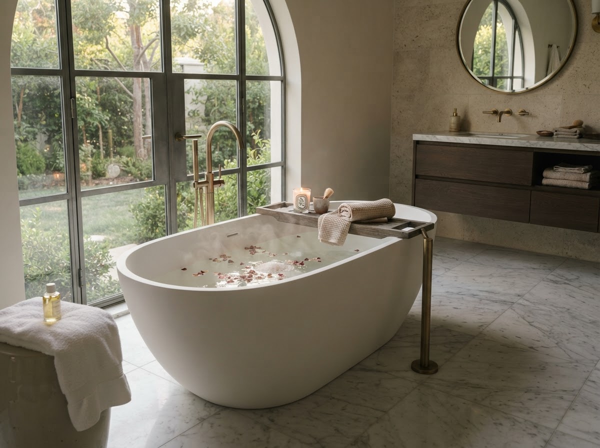 Deep freestanding soaking tub with matte white finish and brushed brass floor filler
