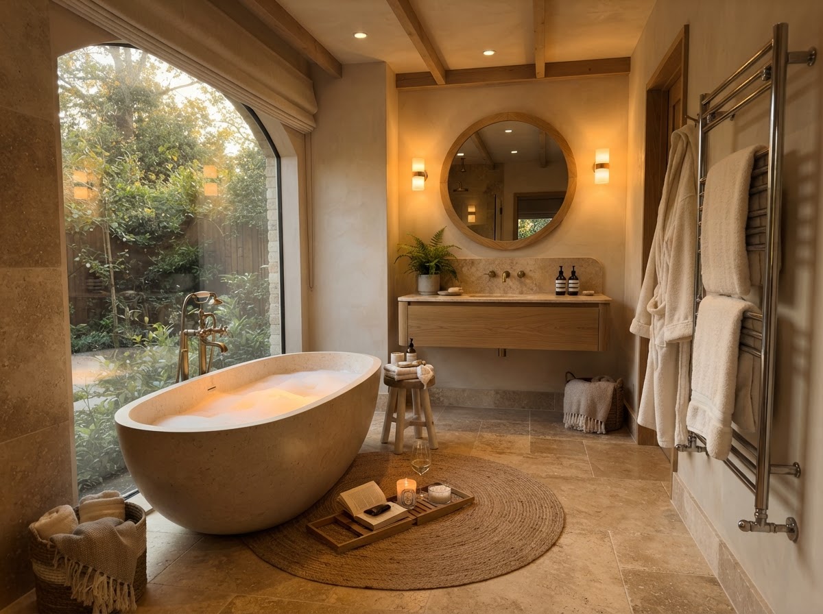 Luxury bathroom with underfloor heating and warm stone tiles