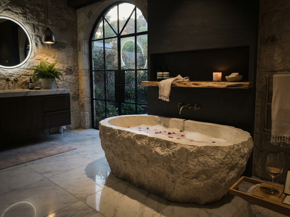Freestanding carved natural stone tub with textured exterior