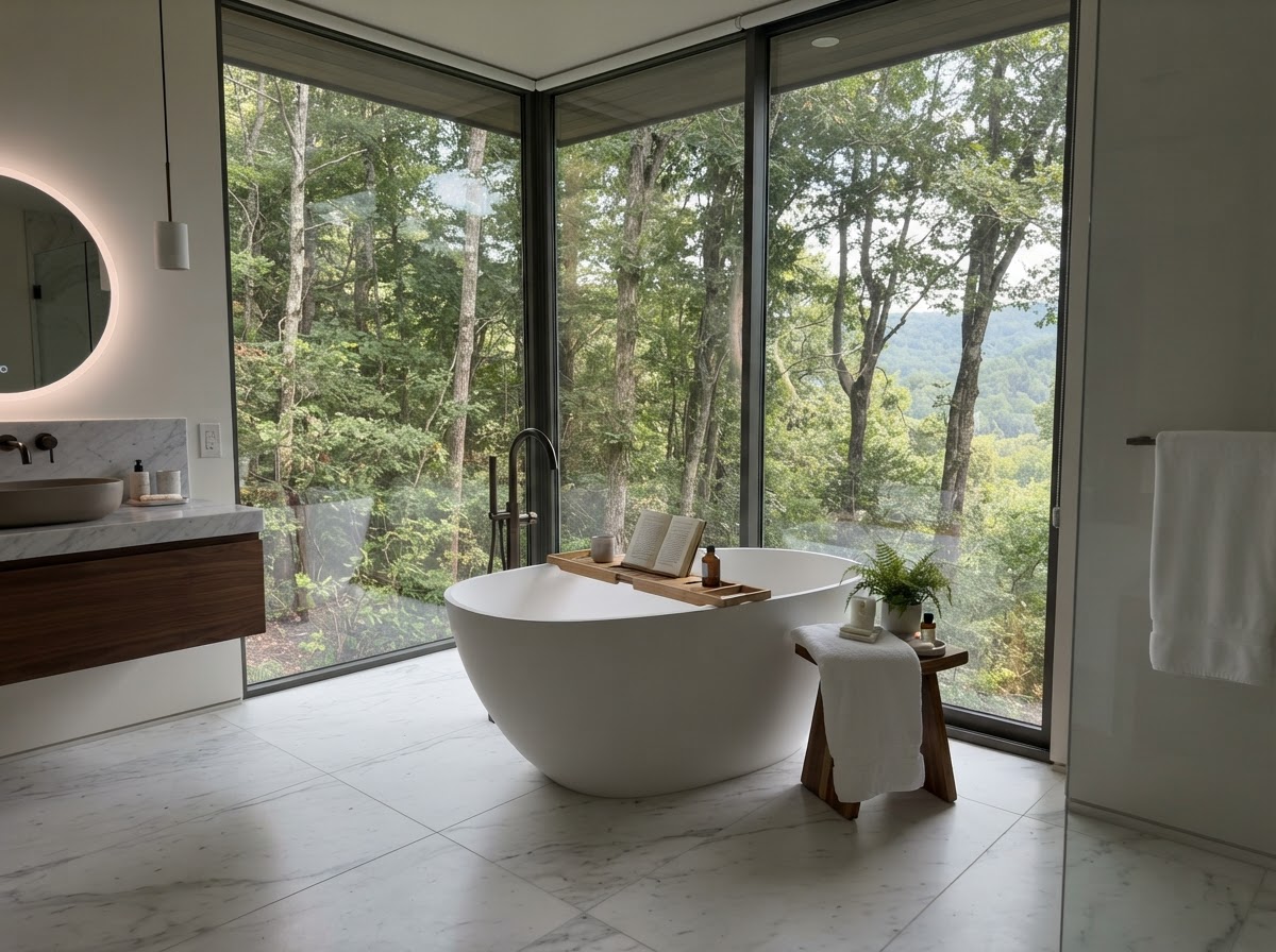 Luxury bathroom with floor-to-ceiling windows and freestanding tub with a view