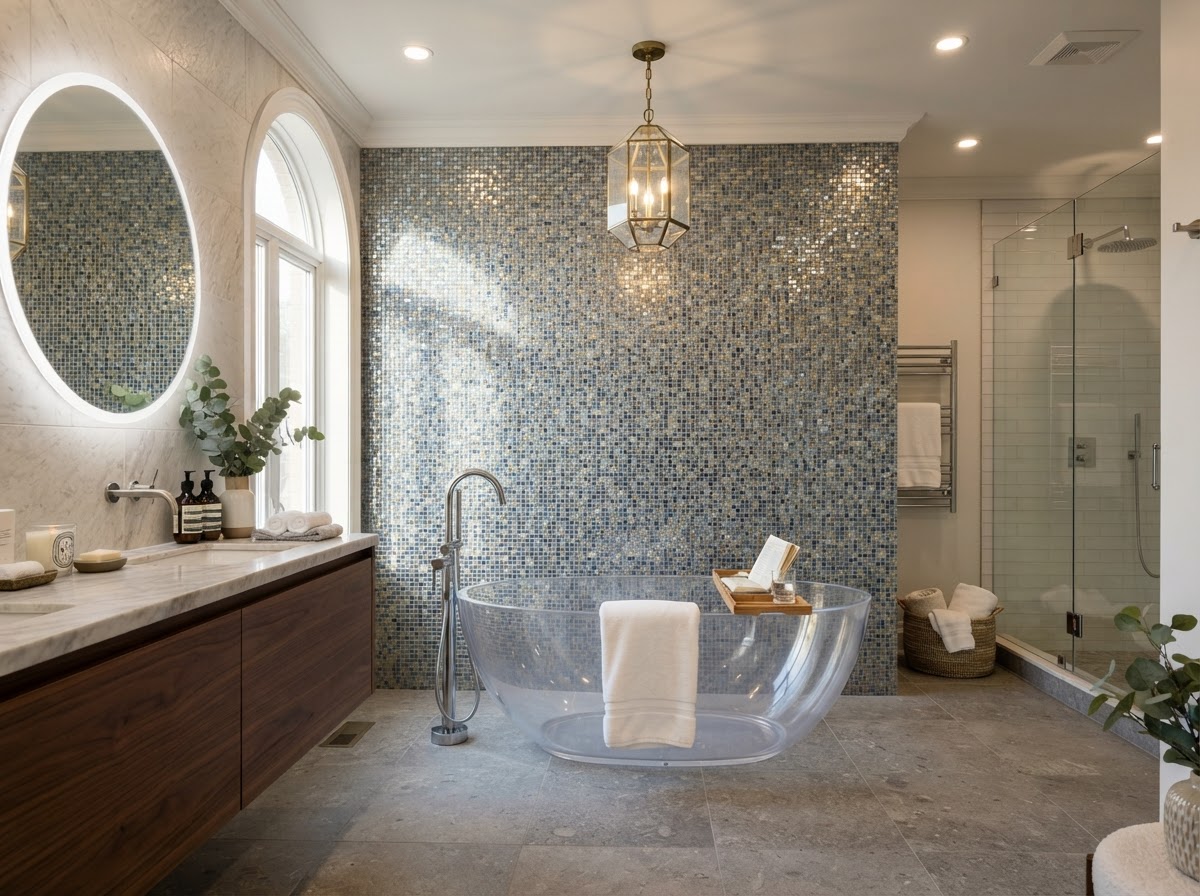 Glass tile mosaic accent wall shimmering with light behind freestanding tub