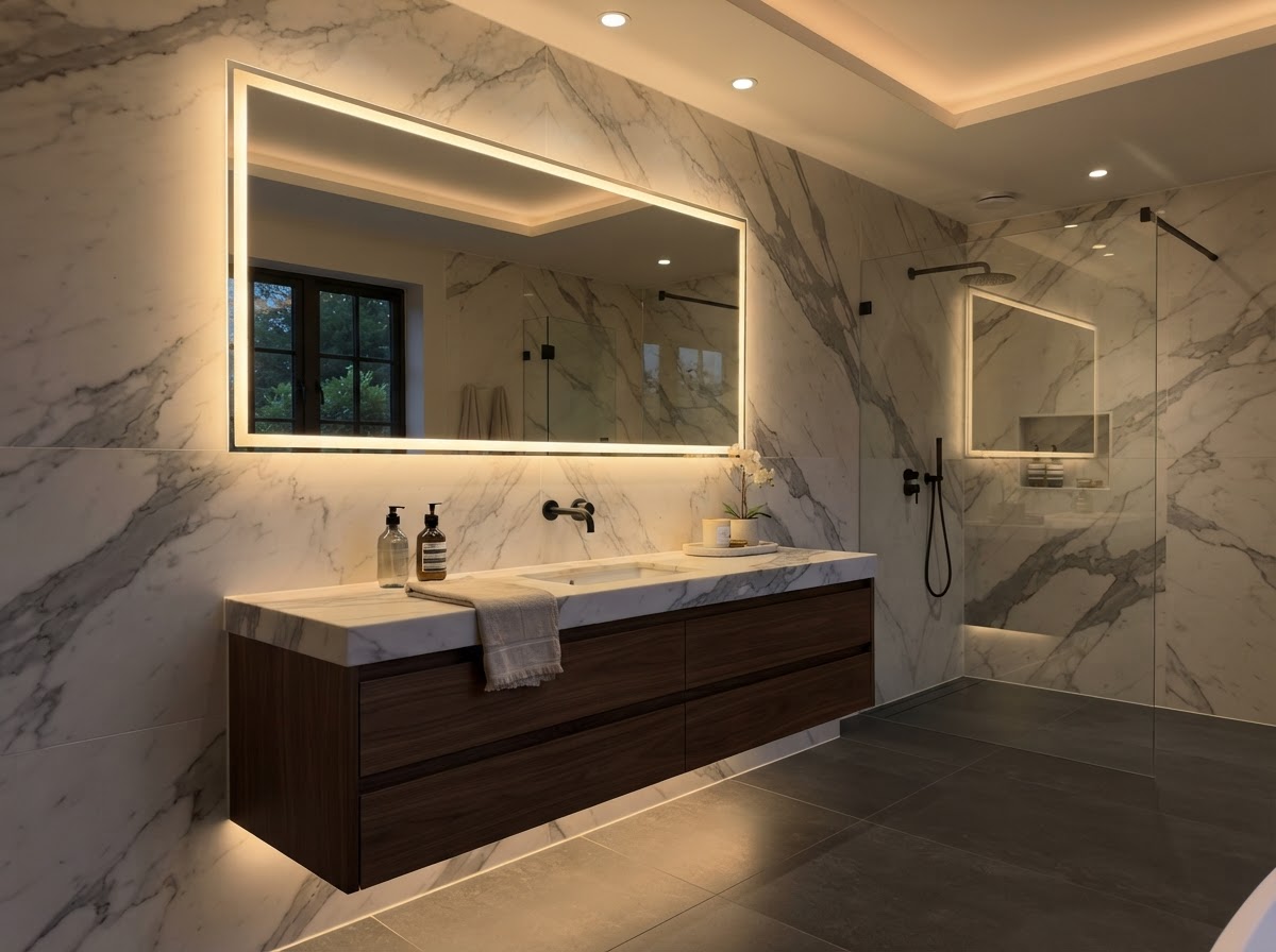 LED backlit mirror with glowing edge above floating vanity