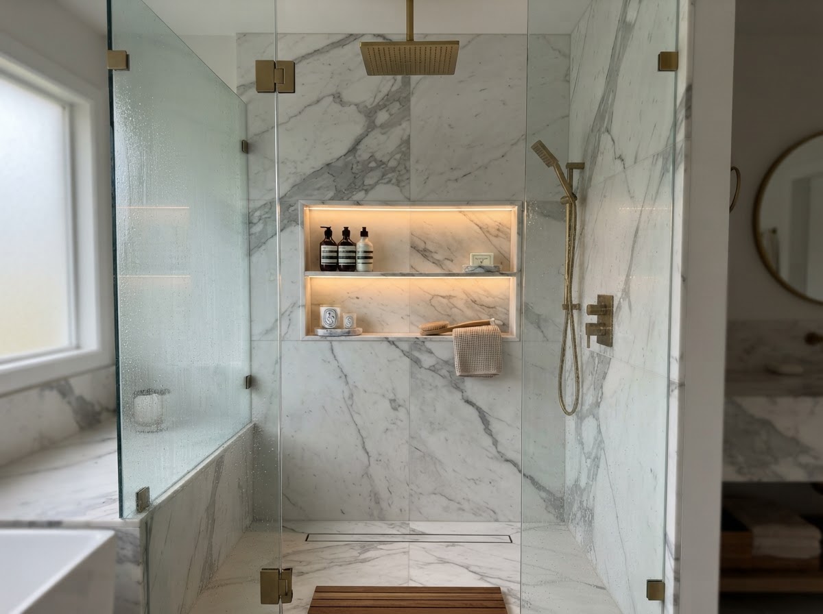 Shower with built-in marble storage niche holding bath products
