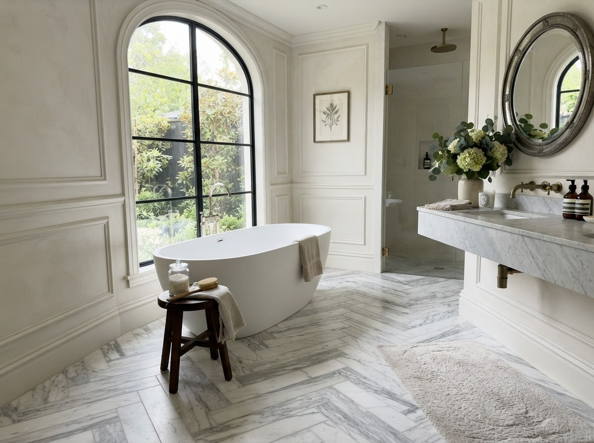 Marble herringbone floor with intricate zigzag pattern in white and gray