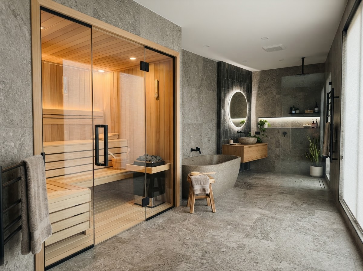 Luxury bathroom with integrated wood-paneled sauna behind glass door