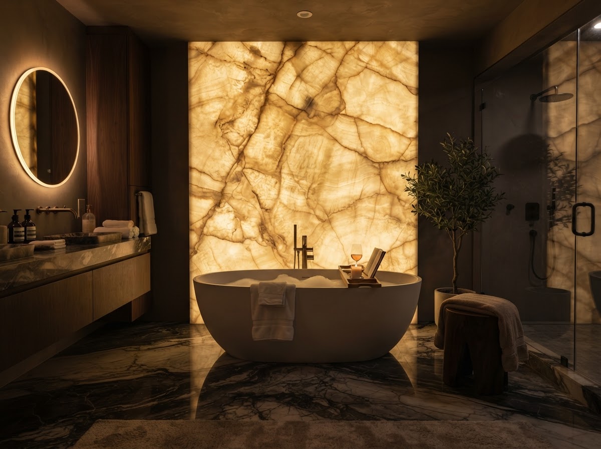 Backlit onyx wall glowing warm behind freestanding tub