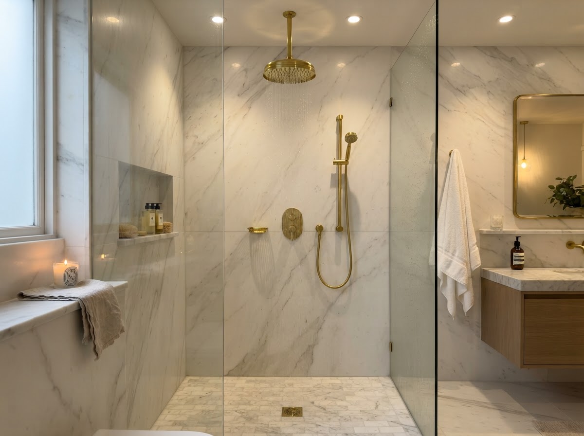 Brass rain shower with polished brass fixture on marble tile walls