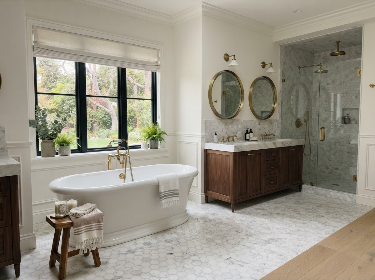 Marble hexagon floor tiles with small hexagonal pattern and elegant vanity
