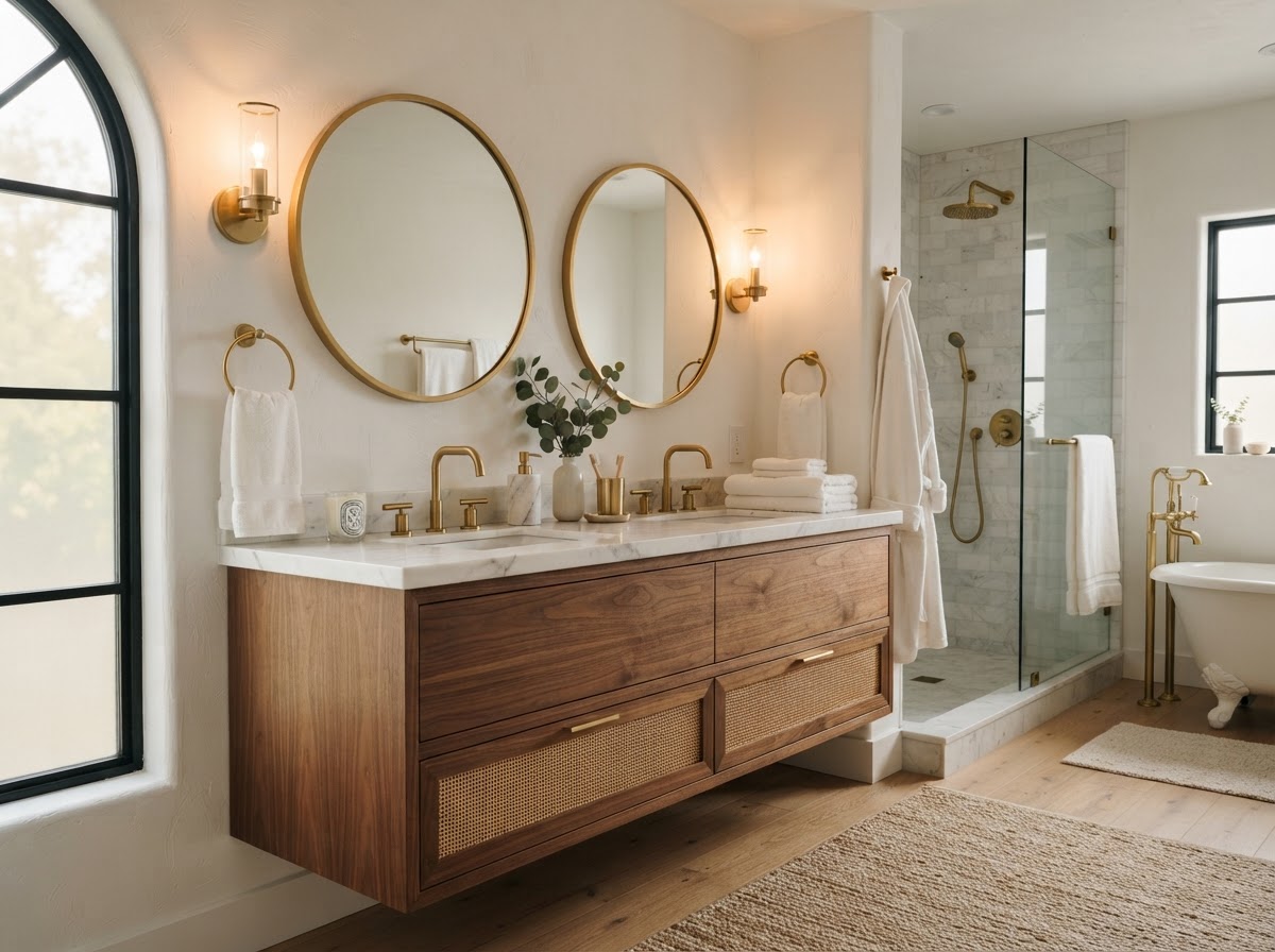 Warm wood vanity with white marble countertop and gold fixtures