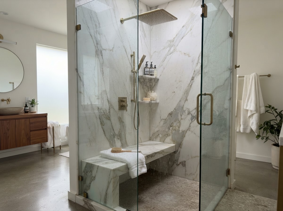 Rain shower with built-in stone bench and marble walls