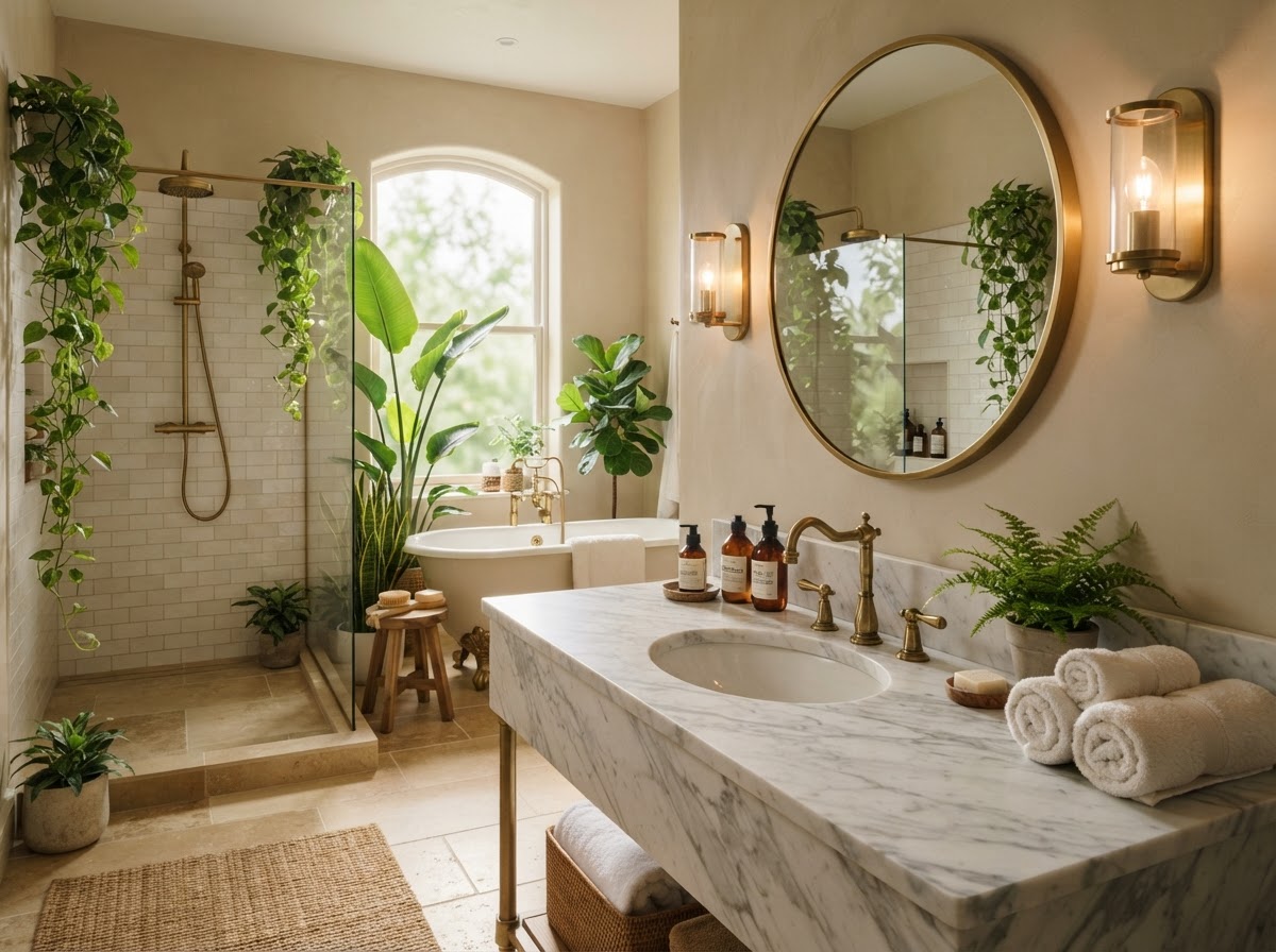 Luxury bathroom with brass fixtures and lush green plants