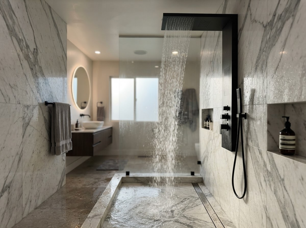 Waterfall shower head with wide cascading water on marble walls